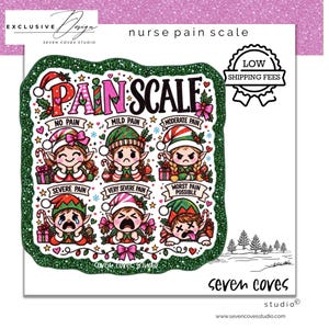 May include: A square graphic print featuring a nurse pain scale with six cartoon elves displaying different facial expressions. The text reads PAIN SCALE, NO PAIN, MILD PAIN, MODERATE PAIN, SEVERE PAIN, VERY SEVERE PAIN, and WORST PAIN POSSIBLE.