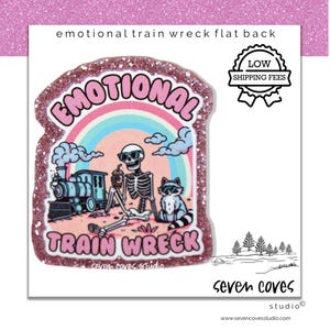May include: A pink glittery flat back with the words "EMOTIONAL TRAIN WRECK" in a cartoon style. The image includes a skeleton, raccoon, train, rainbow, and clouds. The text "seven coves studio" is at the bottom.
