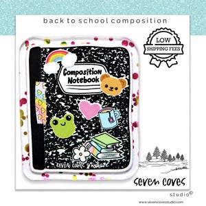 May include: A black and white speckled composition notebook sticker featuring a rainbow, a brown bear face, a pink heart, a green frog face, a blue mug, and a stack of books. The text reads "back to school composition" and "Composition Notebook".