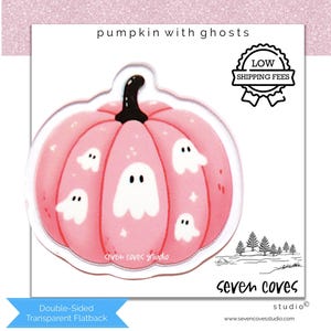 May include: A pink pumpkin-shaped flatback with a black stem and white ghost illustrations. The text "pumpkin with ghosts" is at the top. The flatback is double-sided and transparent. The brand name "seven coves studio" is at the bottom.