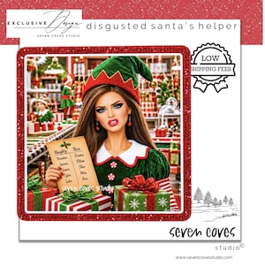 May include: A doll dressed as a Santa's helper wearing a green velvet outfit with a white collar and a green elf hat. The doll holds a tan sign labeled Naughty and Nice with a list of names, positioned behind two wrapped gifts with red and green patterns.