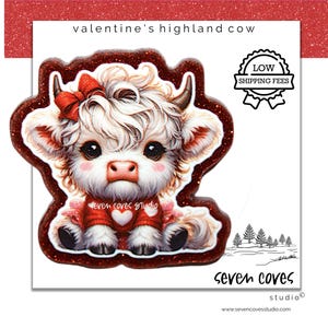 GLITTER ACRYLIC FLATBACK, Valentine's Highland Cow, Planar Resin Cabochons, Badge Reels Topper & Supplies, The Seven Coves Studio™