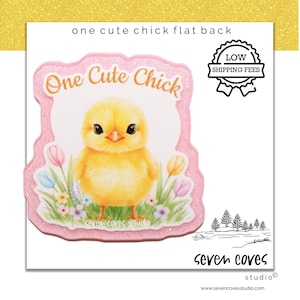 May include: A charming illustration of a yellow chick with the text "One Cute Chick" on a pink, glitter-edged background. The image includes flowers and the text "seven coves studio".