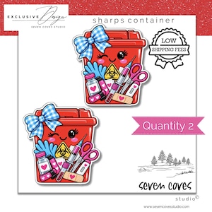 May include: Two red sharps container stickers featuring a winking face, a blue gingham bow, and medical supplies including a syringe, scissors, vials, and a biohazard symbol. The text reads sharps container, low shipping fees, and quantity 2.