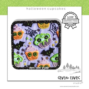 44.5mm-HALLOWEEN SPOOKY CUPCAKES Badge Reel Supplies, Acrylic Resin Flat Back, Glitter Resin Planar Medical, The Seven Coves Studio