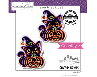 May include: Two stickers featuring a black cat with neon orange and purple outlines wearing a witch hat and sitting behind a carved jack-o'-lantern. The design includes a small pumpkin charm on the hat, the text neon black cat, and Quantity 2.