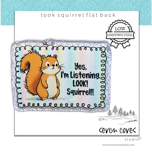 May include: A rectangular, glitter-edged flat back with a cartoon squirrel illustration. The squirrel is orange and brown, with the text "Yes, I'm Listening. LOOK! Squirrel!!" on a striped background. The image includes the text "look squirrel flat back".