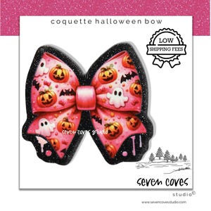 40.5mm-PINK HALLOWEEN COQUETTE Bow Pumpkins Badge Reel Supply, Acrylic Resin Flat Back, Glitter Resin Planar Medical, The Seven Coves Studio