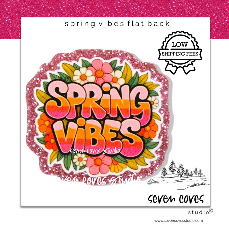 GLITTER ACRYLIC FLATBACK, Spring Vibes Flowers, Planar Resin Cabochons, Badge Reels Topper & Supplies, The Seven Coves Studio™ image 2