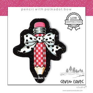 44mm-PINK PENCIL with COQUETTE Bow Badge Reel Supply, Acrylic Resin Flat Back, Glitter Resin Planar Medical Cabochon, The Seven Coves Studio