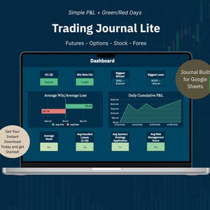 May include: A laptop screen shows a trading journal dashboard with financial data, including P&L, win rate, and average win/loss. The text "Trading Journal Lite" is at the top, with options for Futures, Options, Stock, and Forex.