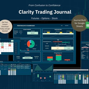 Puede incluir: Un diario de trading digital con un fondo azul oscuro. El diario muestra varios gráficos, incluyendo un panel de rendimiento, un calendario e información diaria de trading. El texto incluye "Clarity Trading Journal" y "Futures - Options - Stock."