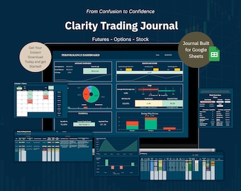 May include: A digital trading journal with a dark blue background. The journal displays various charts and graphs, including a performance dashboard, calendar, and daily trading insights. Text includes "Clarity Trading Journal" and "Futures - Options - Stock."