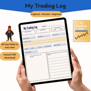 Könnte beinhalten: Ein digitales Trading-Logbuch auf einem Tablet, mit dem Titel "My Trading Log". Das Logbuch enthält Felder für Instrument, Zeitrahmen, Einstiegspreis, Ausstiegspreis und verwendete Strategie. Ein kleines Büchlein mit dem gleichen Titel ist ebenfalls sichtbar.
