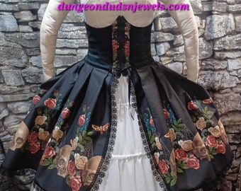 DDNJ Ship Ready Underbust w/attached peplum skirt W34 Gothic Floral Skull DeathMoth Black Cotton Twill Pockets Lace Pirate Renaissance Dress