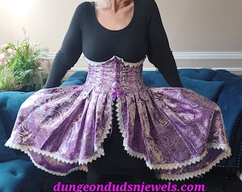DDNJ Ship Ready Underbust w/attached peplum skirt W33-36 Purple Silver Paisley Brocade Pockets Lace Pirate Renaissance Dress