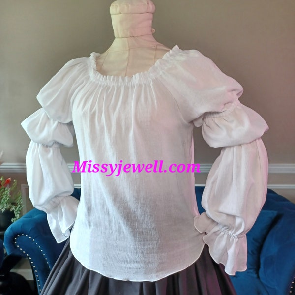 DDNJ Choose Color Gauze 3 Tier Long Sleeve Ruffle Cuff Chemise Plus Made ANY Size Renaissance Dress Pirate Victorian S M L XL 2X 3X 4X 5X 6X