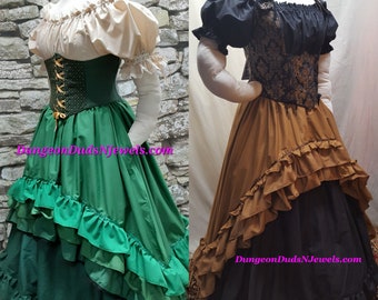 May include: Two Renaissance-style dresses on mannequins. One features a green skirt with ruffles, a green bodice with gold lacing, and a cream-colored top. The other dress has a brown skirt, black underskirt, and a black bodice with gold floral accents. The text "DungeonDudsNJewels.com" is visible.