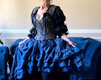 DDNJ Choose Color Hi Lo Taffeta Ruffled Skirt Pocket Renaissance Pirate Plus Made ANY Size Steampunk Dress Costume Tall S M L XL 2X 3X 4X 5X