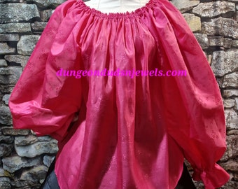 DDNJ Ship Ready Pink Floral Silkie Long Sleeve Ruffle Cuff Chemise Pirate Fairy Renaissance Princess Royalty Queen