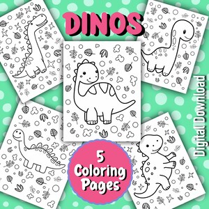 Puede incluir: Cinco páginas para colorear en blanco y negro con dinosaurios con un título que dice "DINOS" y un círculo rosa con el texto "5 páginas para colorear".