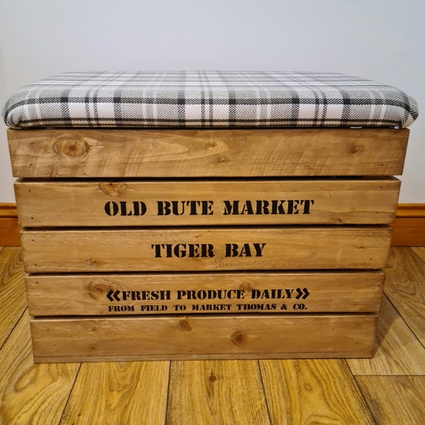Handcrafted rustic wooden storage box seat with a fabric upholstered hinged seat. (Medium)
