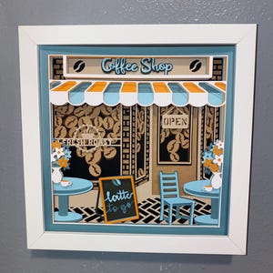 3D Coffee Shop Layered Cardstock Shadowbox 8x8 | Handmade Paper Wall Art with Hanging Bracket | Foam Tape Depth | Unique Home Décor Gift