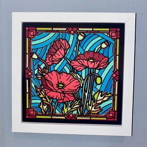 3D Poppy Flowers Layered Cardstock Shadowbox 8x8 | Handmade Paper Wall Art with Hanging Bracket | Foam Tape Depth | Unique Home Décor Gift