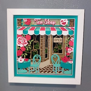 3D Tea Shop Layered Cardstock Shadowbox 8x8 | Handmade Paper Wall Art with Hanging Bracket | Foam Tape Depth | Unique Home Décor Gift