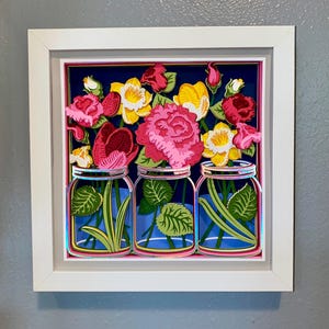 3D Spring Flower Jars Shadowbox: Handmade Wall Art (8x8 Frame)