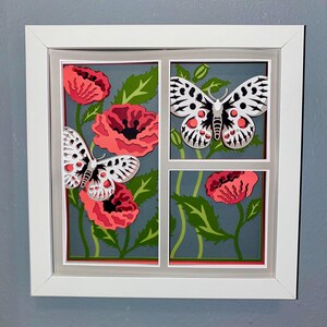 3D Butterfly Poppy Layered Cardstock Shadowbox 8x8 | Handmade Paper Wall Art with Hanging Bracket | Foam Tape Depth | Unique Home Décor Gift