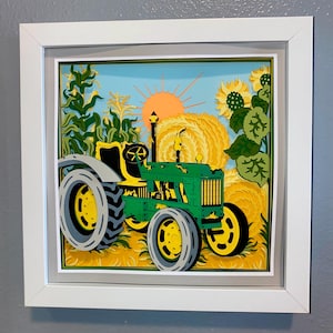 3D John Deere Layered Cardstock Shadowbox 8x8 | Handmade Paper Wall Art with Hanging Bracket | Foam Tape Depth | Unique Home Décor Gift