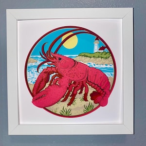 3D Lobster Crayfish Layered Cardstock Shadowbox 8x8 | Handmade Paper Wall Art with Hanging Bracket Foam Tape Depth | Unique Home Décor Gift