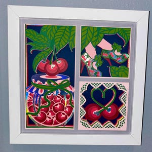 3D Cherries Layered Cardstock Shadowbox 8x8 | Handmade Paper Wall Art with Hanging Bracket | Foam Tape Depth | Unique Home Décor Gift
