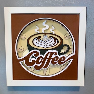 3D Coffee Cup Layered Cardstock Shadowbox 8x8 | Handmade Paper Wall Art with Hanging Bracket | Foam Tape Depth | Unique Home Décor Gift