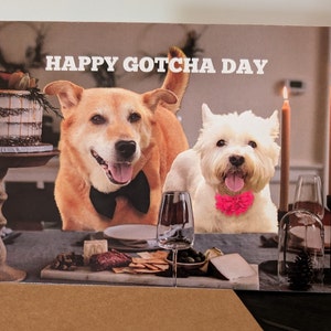 May include: A card with the text "Happy Gotcha Day" featuring two dogs wearing bow ties and sitting at a table with a cake, wine glasses, and a charcuterie board.