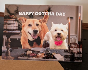 Happy Gotcha Day Pet Card. Westie Gift. For Dogs, Cats, Westie Lovers. West Highland Terrier + Mixed Breed Dog on front. Anniversary Puppy