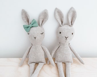 Handmade Linen Cotton Bunny Plush Toy, Woodland Nursery Decor, 10" Heirloom Stuffed Animal