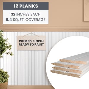 May include: White primed wood wall paneling planks, 12 planks in total, each plank is 32 inches long, covering 9.4 square feet. The planks are ready to paint.  "PRIMED FINISH READY TO PAINT" is written on a sign.