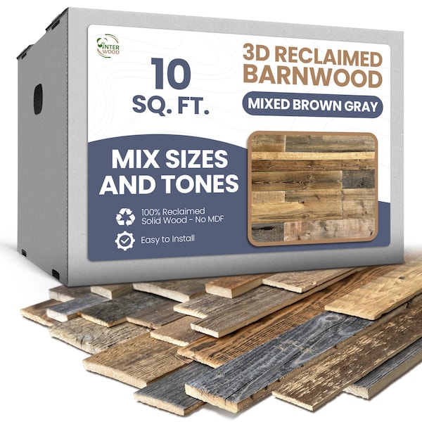 3D Reclaimed Barnwood Wall Planks, Mixed Brown Gray Paneling