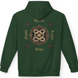 Sudadera con capucha y estampado de serpiente mística: sudadera medieval unisex negra y verde