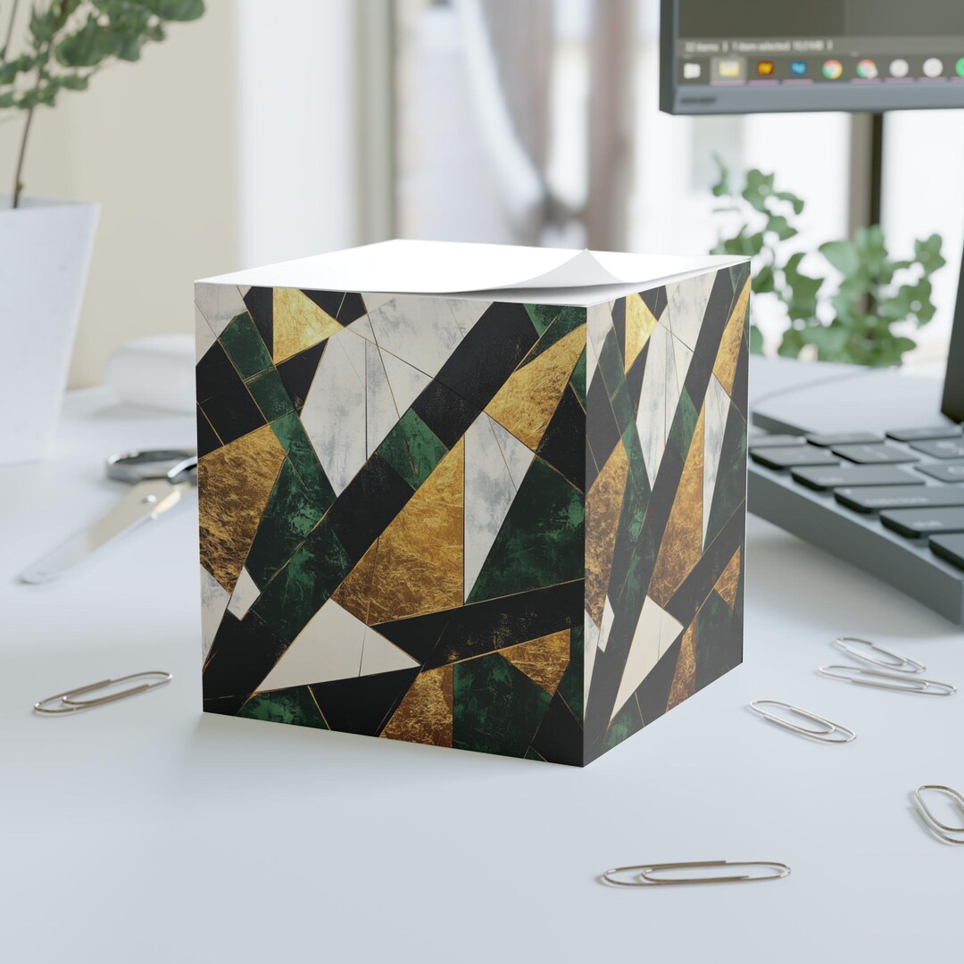 Green and Gold Art Deco Note Cube, Stylish Desk Accessory, Office Decor ...