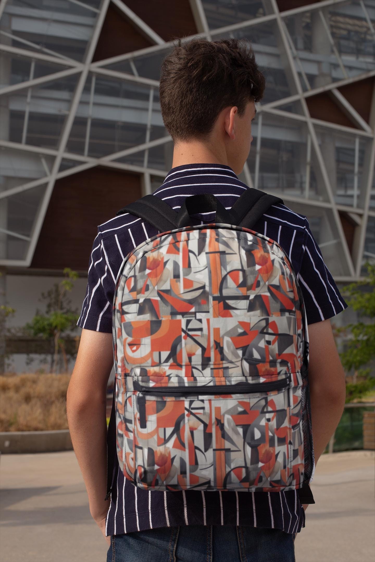 Vibrant Patterned Quilted Backpack - Bold Orange & Multicolor Tangerine Orange Hibiscus Sea Flowers - Backpack — Beach  main image 2