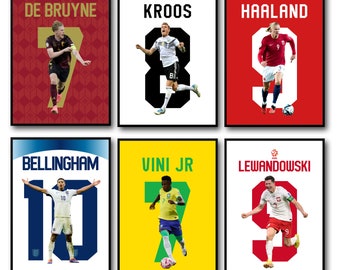 6 Fußballstars Poster zum Ausdrucken, Haaland Kroos Vini Jr De Bruyne Lewandowski Bellingham Football Jersey Bundle, Digitaldrucke, Wandkunst, Geschenk