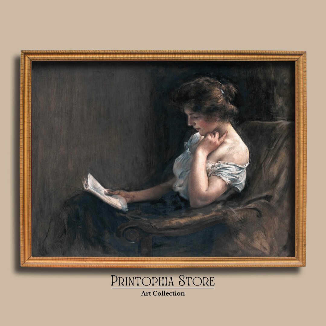 Woman Reading Portrait Oil Painting, Vintage Soft Dark and Moody Wall ...
