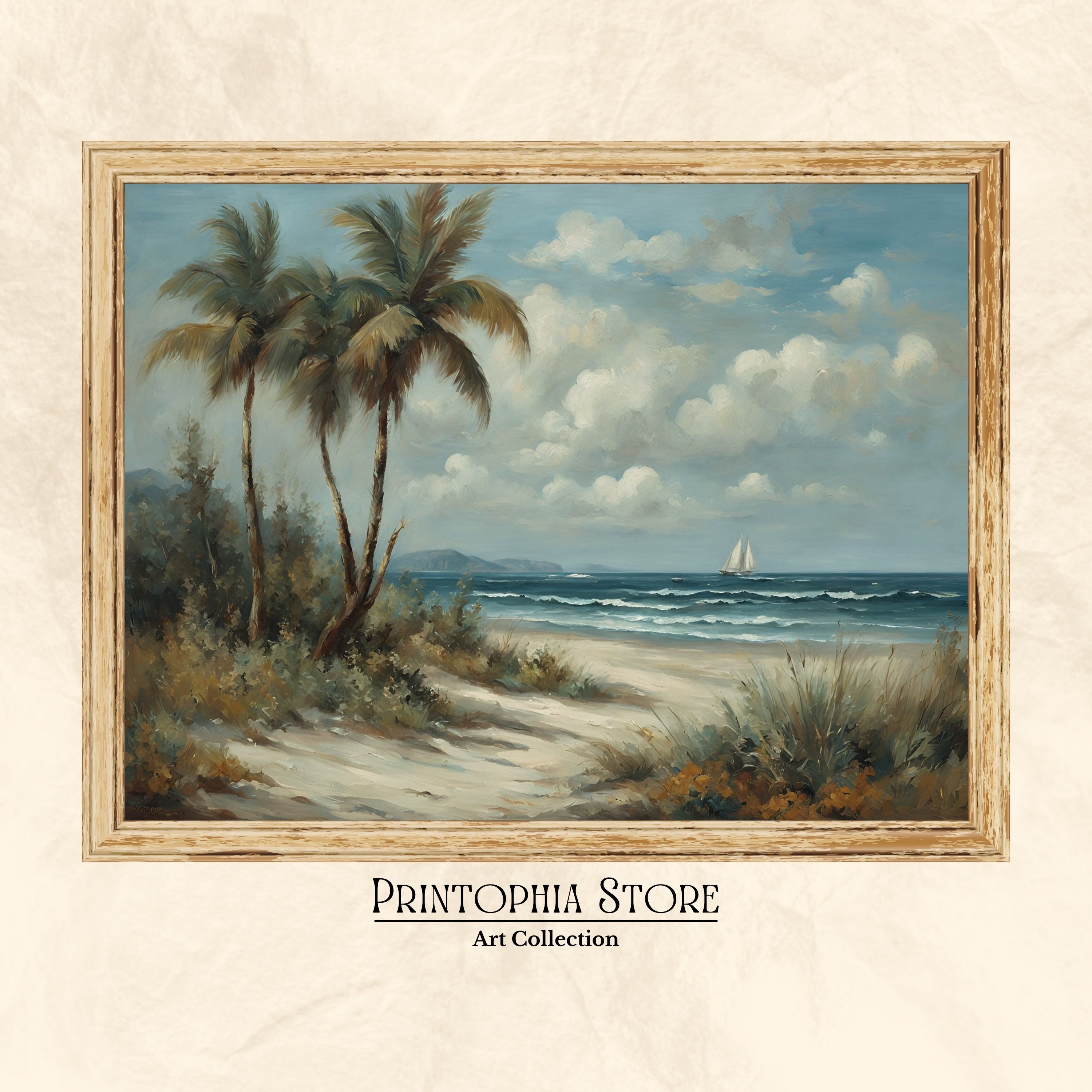 Vintage Coastal Seaside Oil Painting, Beach House Wall Art Decor, Unique Design Printable Digital Download | S#3