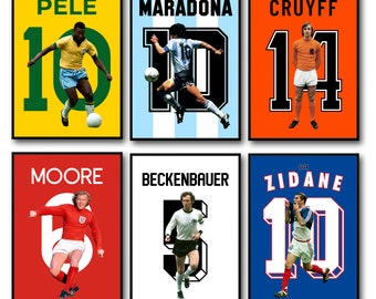 6 Fußball-Sterne-Poster, Pele Maradona Beckenbauer Moore Cruyff Zidane Fußball Trikot Druck, Printable Digital Download Wandkunst