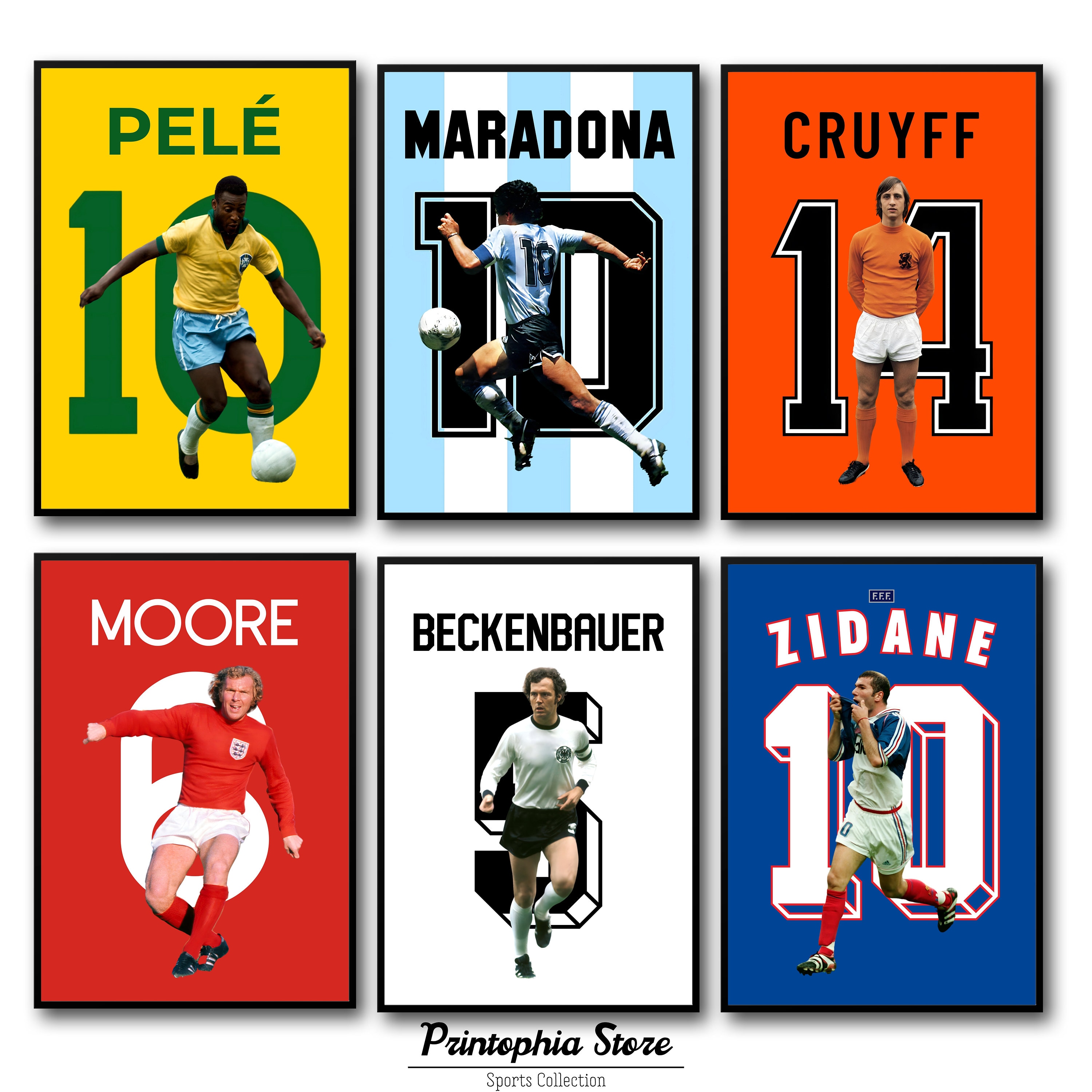 6 Football History Stars Poster, Pele Maradona Beckenbauer Moore