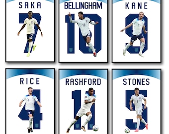 6 England Fussball Stars Poster, Reissteine Saka Kane Bellingham Rashford drei Löwen Fussball Trikot, Digitaldrucke, Wand Kunst Geschenk