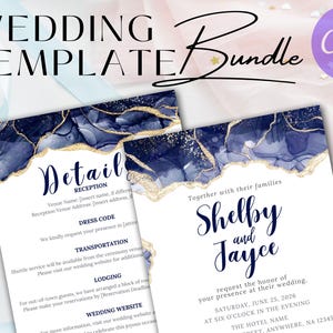 Wedding Invitation Set, Cobalt N Gold Agate Invitation Template Bundle, Editable Wedding Invitation, Watercolor Clipart, Dark Blue Wedding